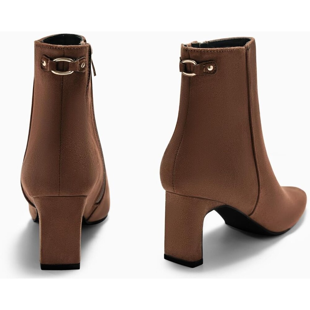 Women's Coffee Ankle Boots Chunky Heel Closed Toe Booties Side Zipper Win - Picture 5 of 5